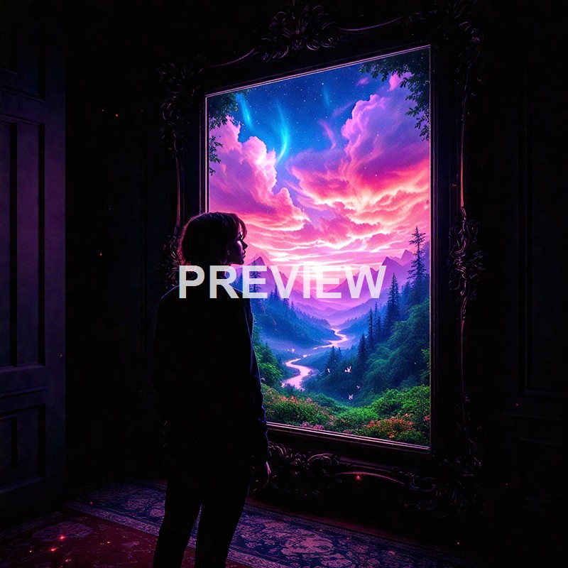 A person standing inside a room, looking at a large, illuminated painting or window that depicts a vibrant, fantastical landscape of mountains, a river, and a colorful sky with clouds and stars.